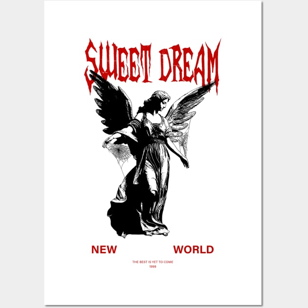 Gothic statue of an angel with a spider web. Sweet Dream of a New World. Wall Art by NKTN